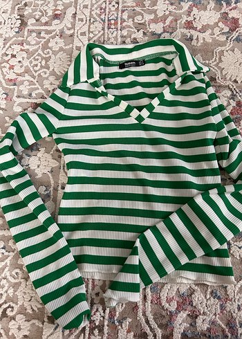 Yeşil Çizgili Polo Yaka Triko bluz - Görsel 2