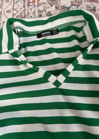 Yeşil Çizgili Polo Yaka Triko bluz - Görsel 3