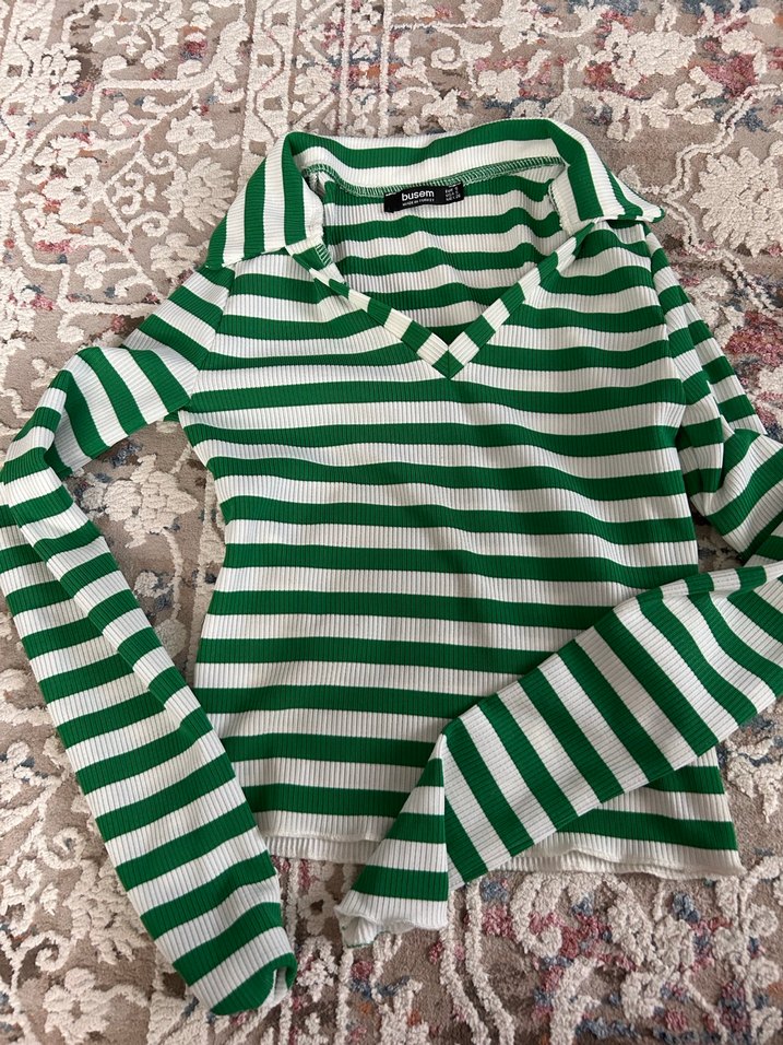 Yeşil Çizgili Polo Yaka Triko bluz - Görsel 2