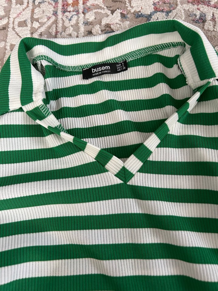 Yeşil Çizgili Polo Yaka Triko bluz - Görsel 3