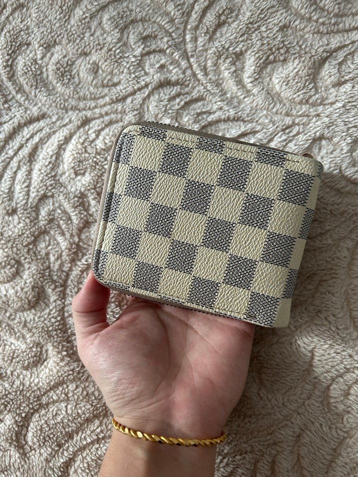 Deri Beyaz Gri Kareli Fermuarlı Kadın Cüzdanı - Görsel 4