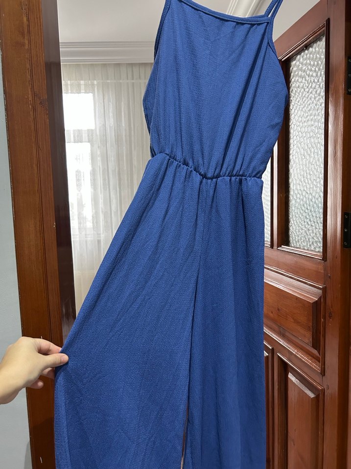 Mavi Drapeli İnce Askılı Kadın Tulum - Görsel 2