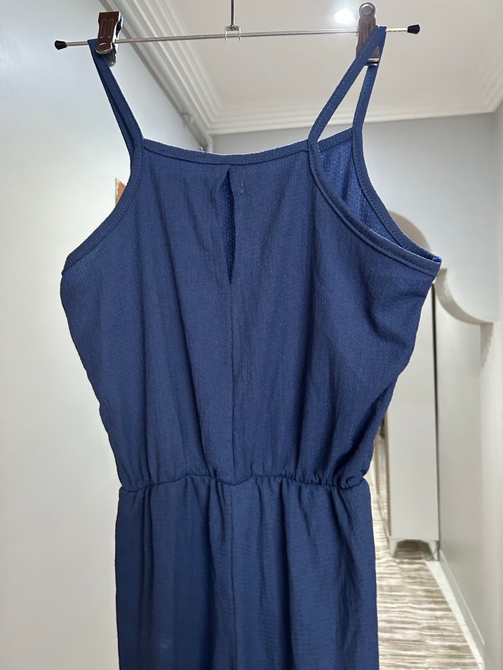 Mavi Drapeli İnce Askılı Kadın Tulum - Görsel 4