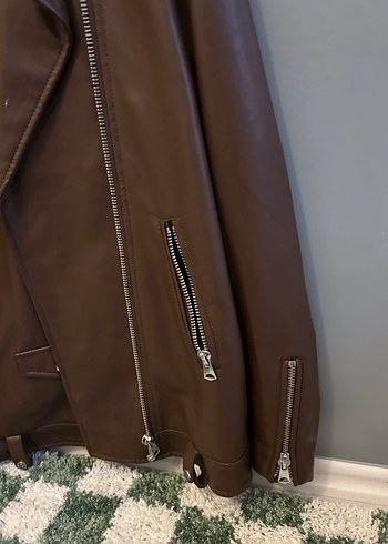 Stradivarius Kahverengi Deri Kadın Biker Ceket