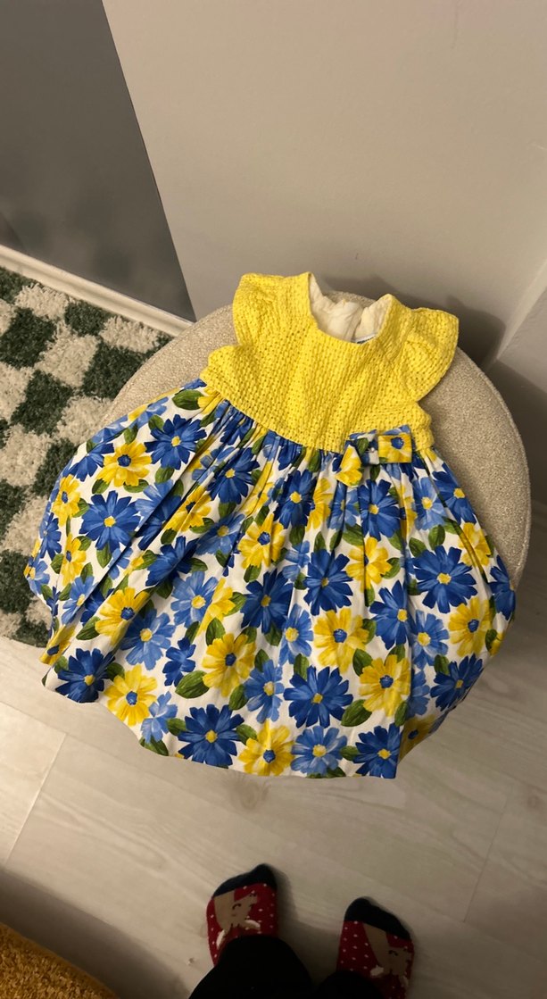Çiçek Desenli Sarı Kız Çocuk Elbise - Görsel 3