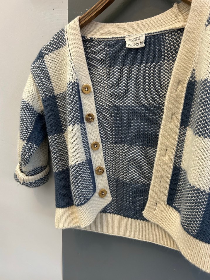 Çocuk Mavi Ekose Örgü Hırka - Görsel 3