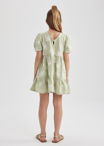 Defacto Kız Çocuk Yeşil Keten Fırfırlı Elbise - Görsel 5