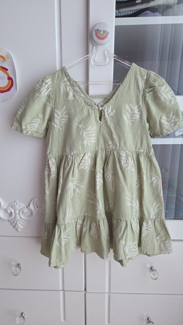 Defacto Kız Çocuk Yeşil Keten Fırfırlı Elbise - Görsel 2