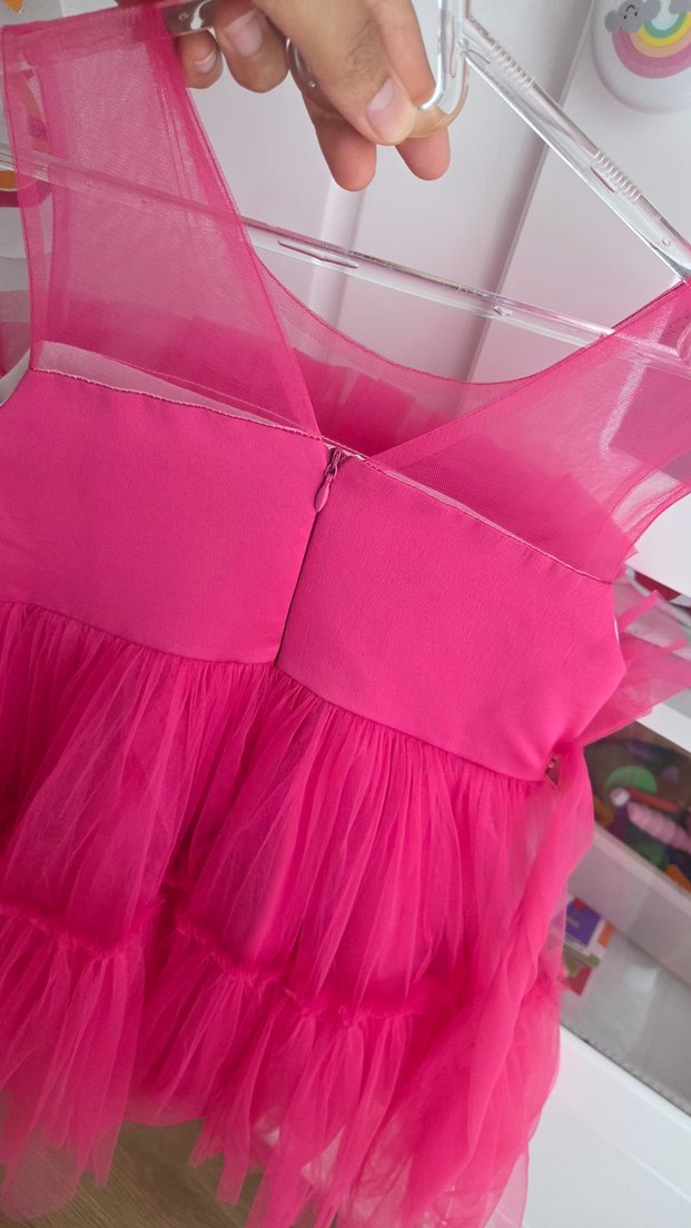 Pembe Renkli Tül Detaylı Kız Çocuk Elbise - Görsel 2