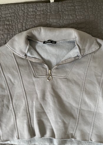 Gri Fermuarlı Keten Kadın Sweatshirt - Görsel 2