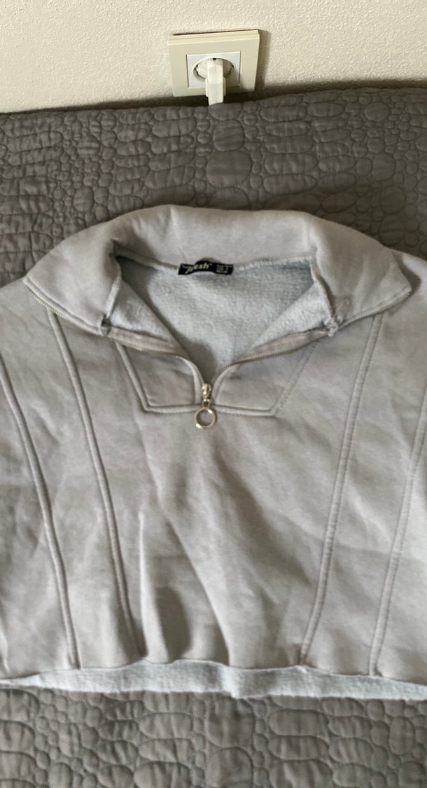 Gri Fermuarlı Keten Kadın Sweatshirt - Görsel 2