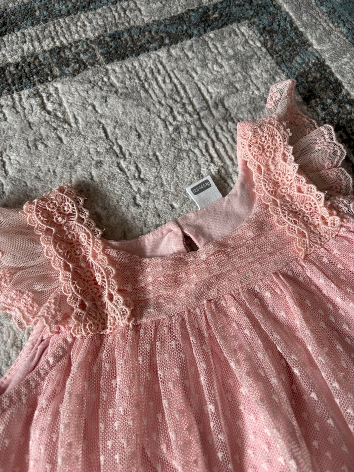 Kız Çocuk Pudra Pembe Fırfırlı Nakışlı Elbise - Görsel 3