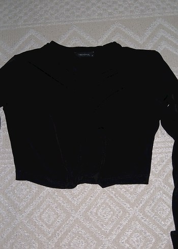 Kadın Siyah V Yaka Uzun Kollu Crop Top - Görsel 3