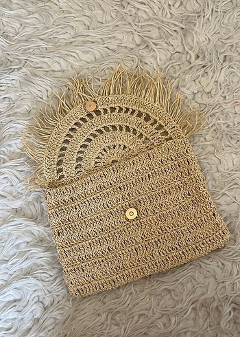 Beden Püsküllü Bej Örgü Bohem Kadın Clutch Çanta