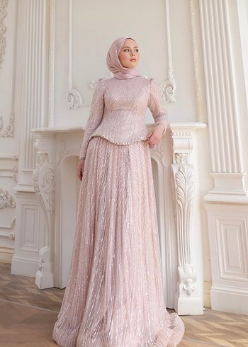 Pembe İşlemeli Uzun Abiye Elbise