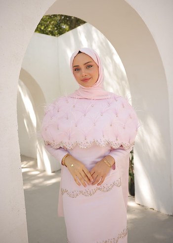m Beden pembe Renk Pembe İşlemeli Uzun Kol Drapeli Nişan Elbisesi