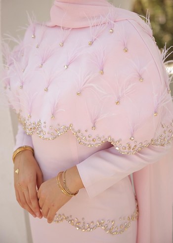 Abiye Pembe İşlemeli Uzun Kol Drapeli Nişan Elbisesi
