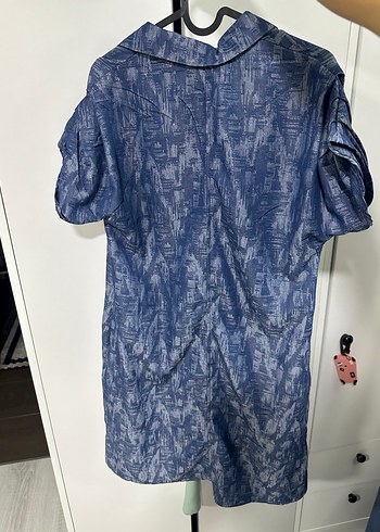 m Beden V Yaka Kısa Kollu Mavi Batik Denim Elbise
