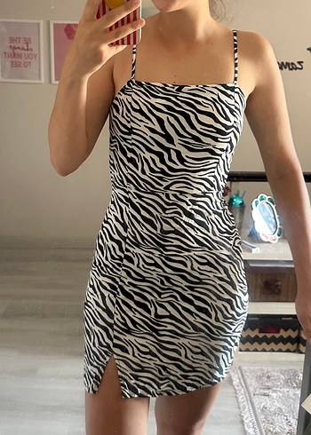 Zebra Desenli Midi İnce Askılı Kadın Elbise