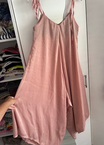 Pembe Keten Salaş V Yaka Uzun tulum Elbise