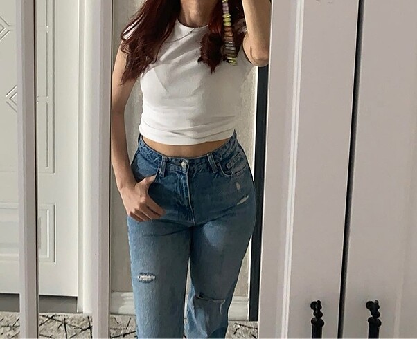 mavi yırtıklı yüksek bel uzun straight jeans