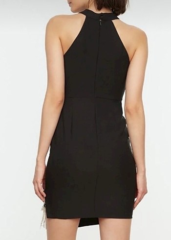 Siyah Drapeli V Yaka Mini Gece Elbisesi - Görsel 2