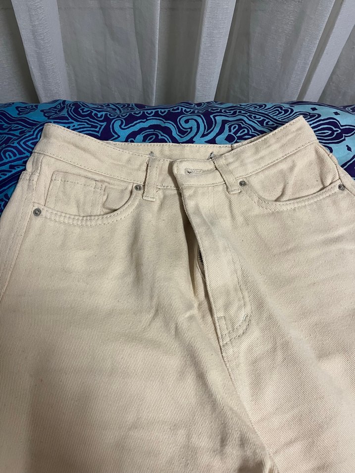 Bej Midi Kadın Kot Pantolon, Salaş Kesim, Paça Orijinal - Görsel 4