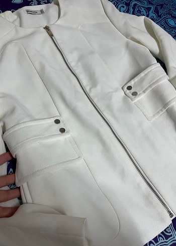 Stradivarius Beyaz Fermuarlı Kadın Blazer Ceket - Görsel 3