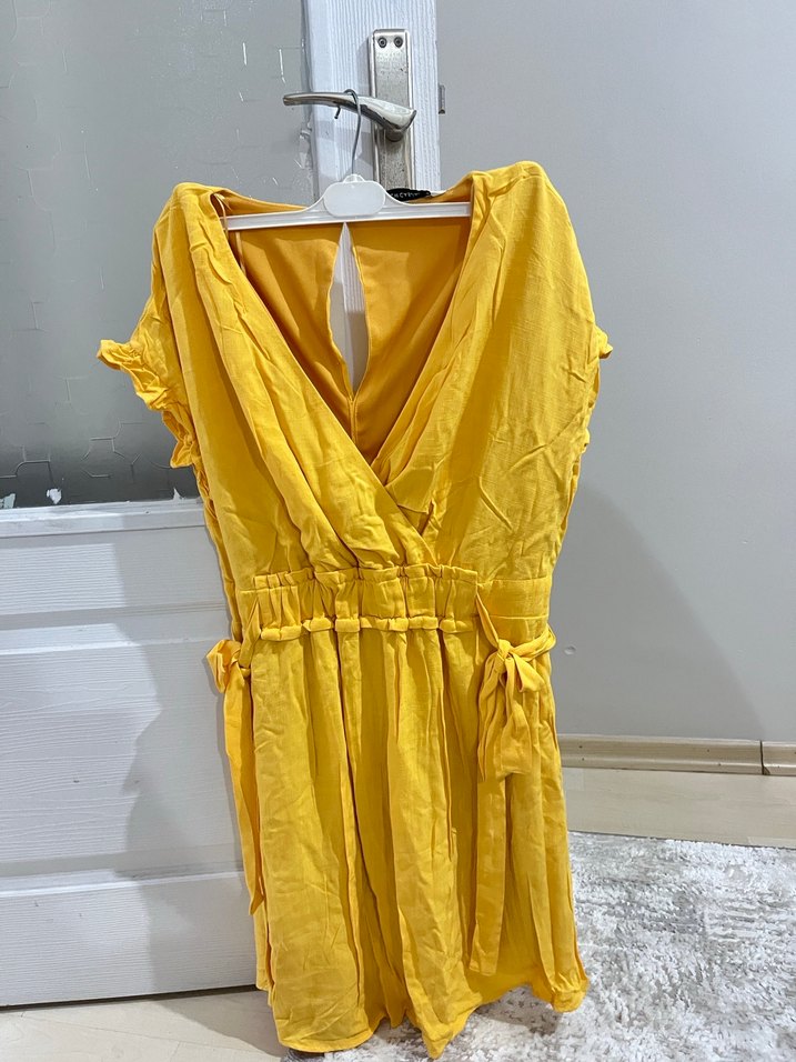 Sarı V Yaka Keten Midi Elbise - Görsel 2