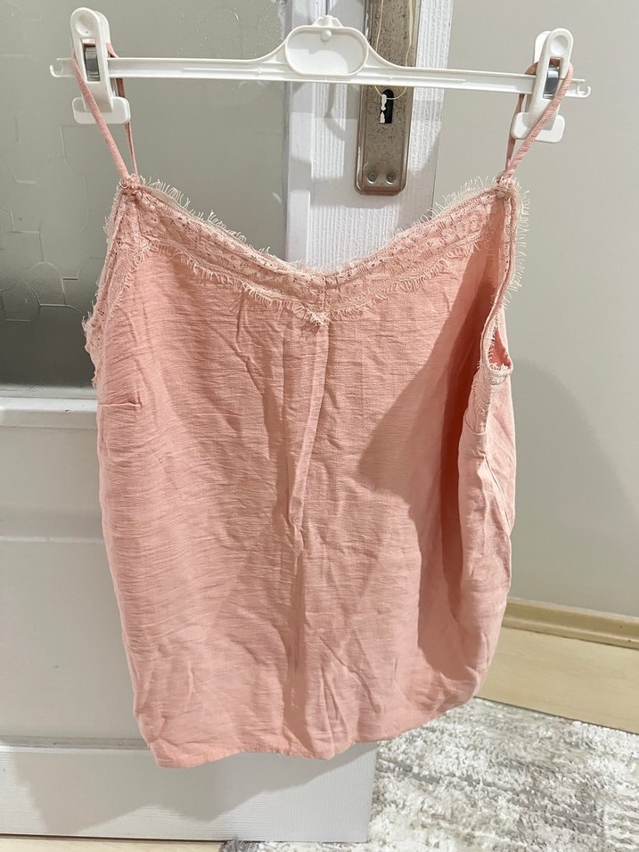 Pembe Keten V Yakalı Kolsuz Mini Bluz - Görsel 2