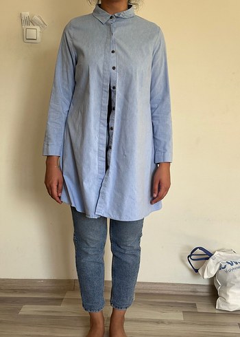 Düğmeli Mavi Denim Hamile Tunik