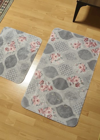 Diğer Gri Çiçek Desenli Banyo Paspas Seti 2li