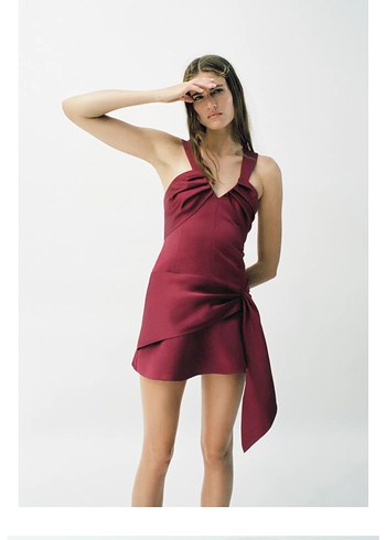 Zara Bordo Drapeli Mini Elbise - Görsel 5