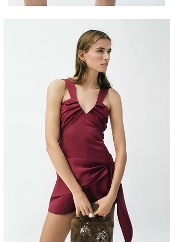 Zara Bordo Drapeli Mini Elbise - Görsel 4