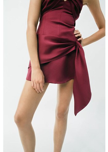 Zara Bordo Drapeli Mini Elbise - Görsel 3