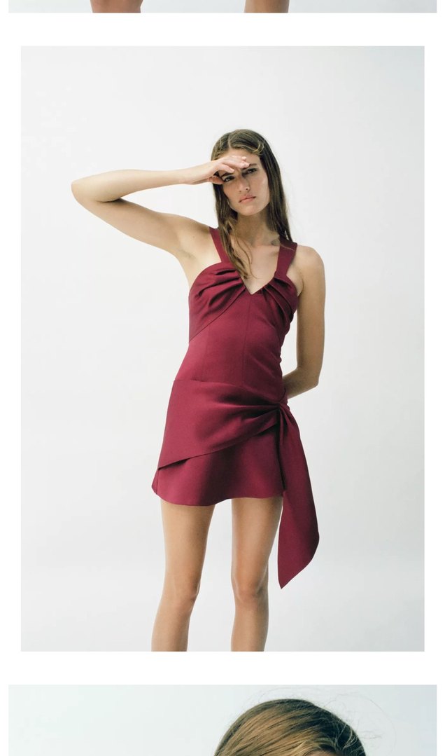 Zara Bordo Drapeli Mini Elbise - Görsel 5