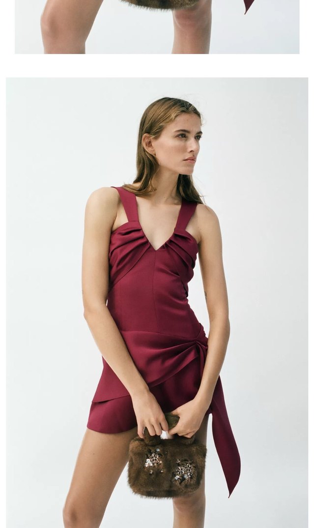 Zara Bordo Drapeli Mini Elbise - Görsel 4