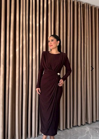 Kahverengi Deri Uzun Kollu Drapeli Elbise - Görsel 2