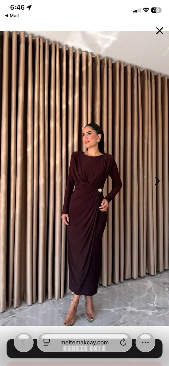 Kahverengi Deri Uzun Kollu Drapeli Elbise - Görsel 2