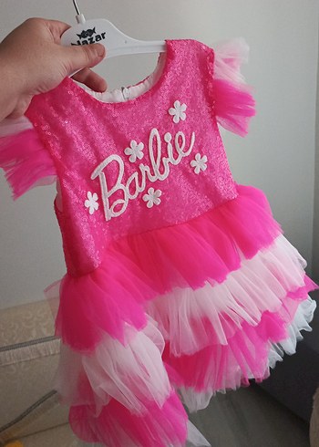 Pembe Barbie Nakışlı Kız Çocuk Elbisesi - Görsel 7