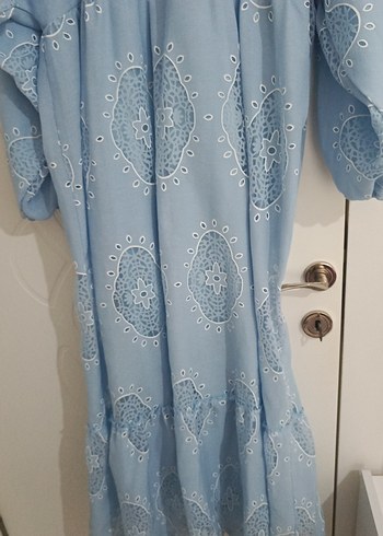 Mavi Nakışlı Uzun Bohem Elbise - Görsel 8