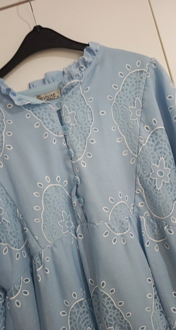 Mavi Nakışlı Uzun Bohem Elbise - Görsel 5