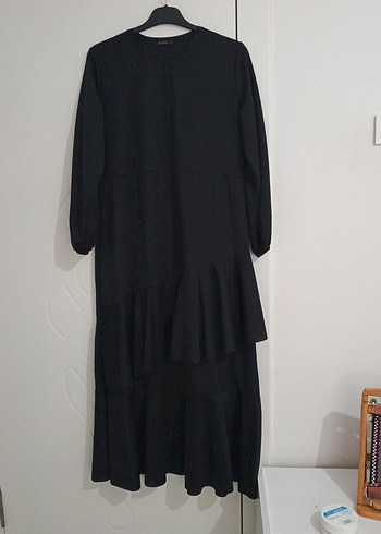 xl Beden siyah Renk Kadın Siyah Uzun Kollu Fırfırlı Elbise