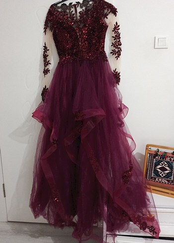 Bordo Uzun Kollu Drapeli Kadın Abiye Elbise - Görsel 7