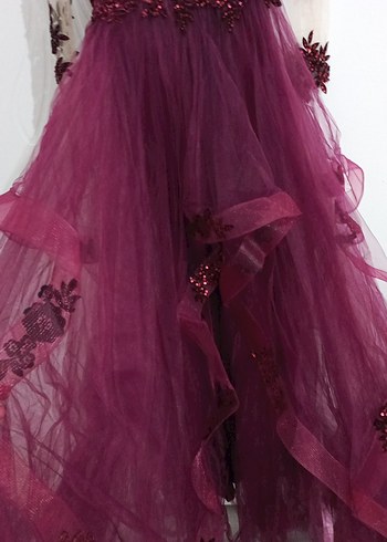 Bordo Uzun Kollu Drapeli Kadın Abiye Elbise - Görsel 10