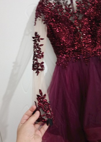 Bordo Uzun Kollu Drapeli Kadın Abiye Elbise - Görsel 5