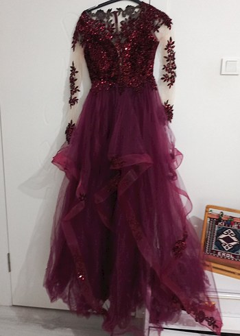 Bordo Uzun Kollu Drapeli Kadın Abiye Elbise - Görsel 6