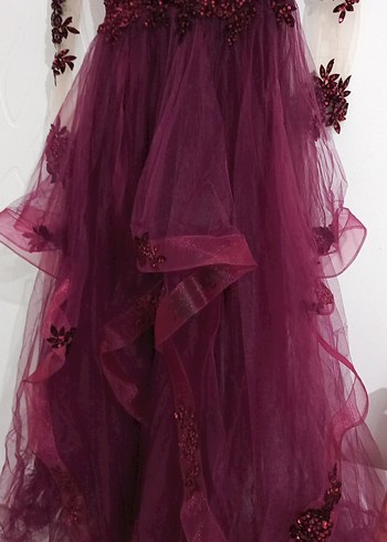 Bordo Uzun Kollu Drapeli Kadın Abiye Elbise - Görsel 9