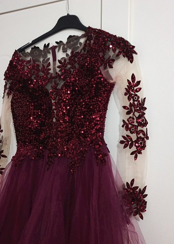 Bordo Uzun Kollu Drapeli Kadın Abiye Elbise - Görsel 8