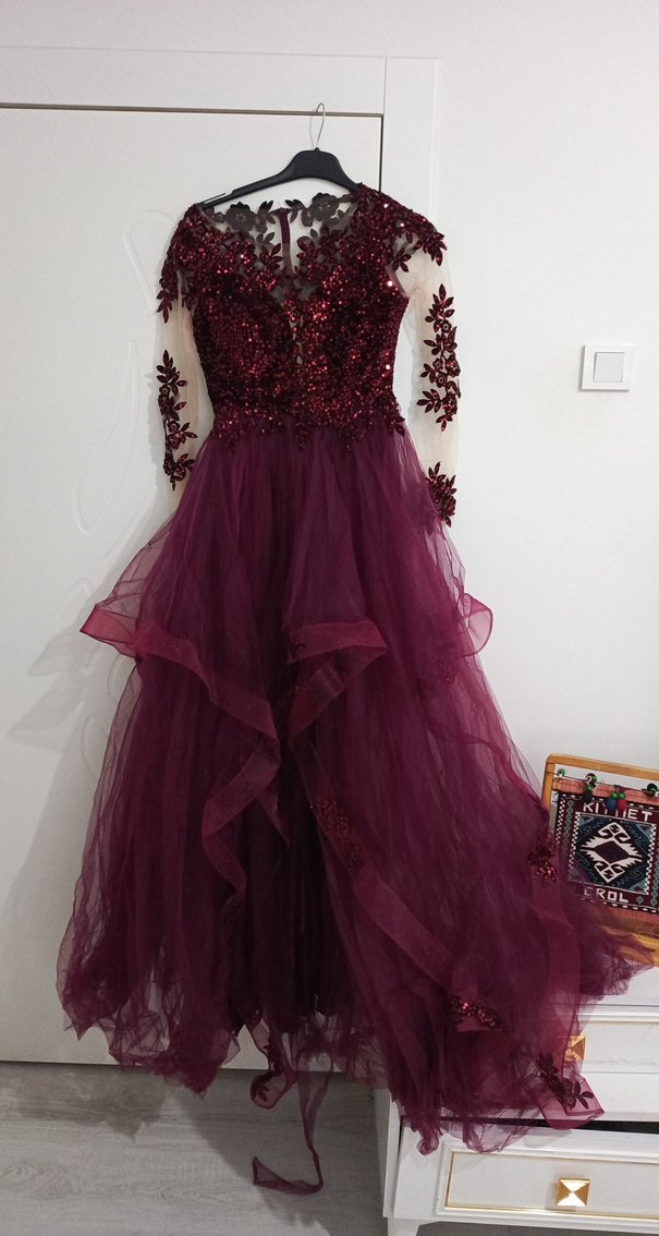 Bordo Uzun Kollu Drapeli Kadın Abiye Elbise - Görsel 2